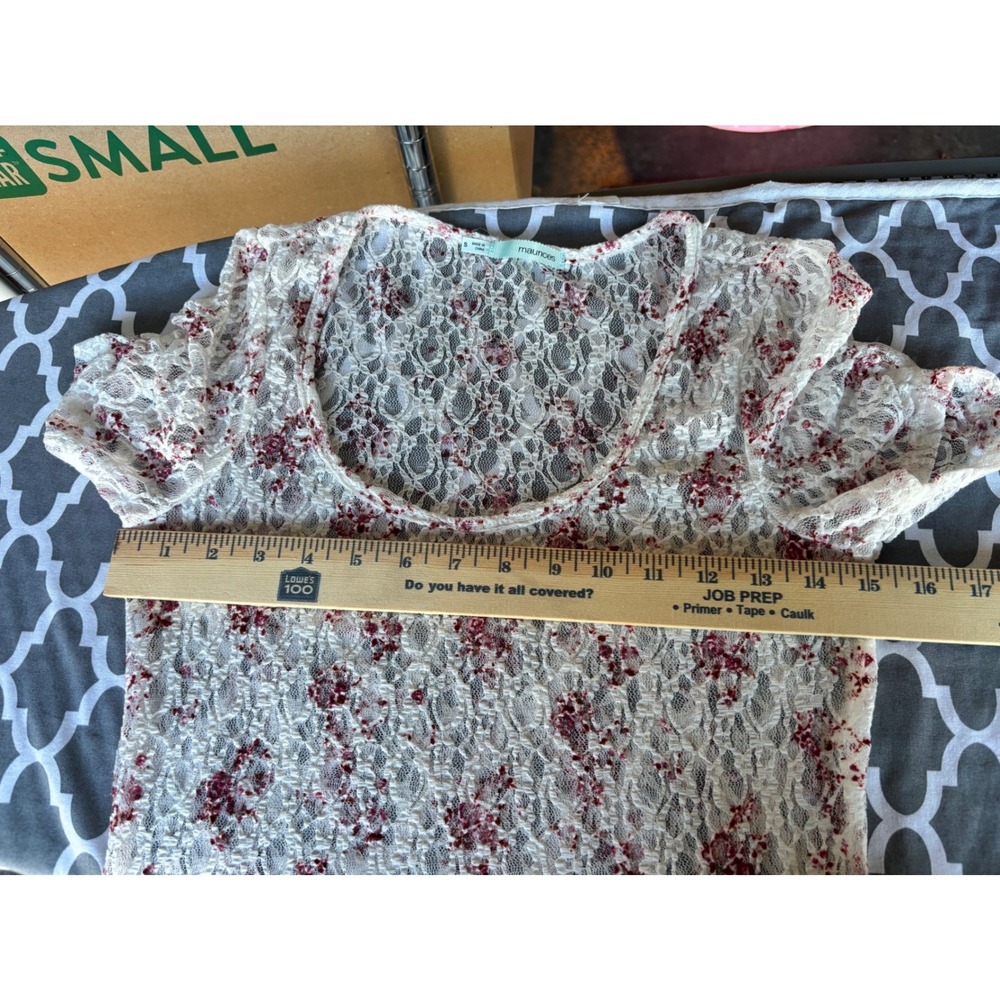 Maurices Lace Top Small White Red Floral Short Puff Sleeve Cottagecore Romantic - Picture 8 of 11